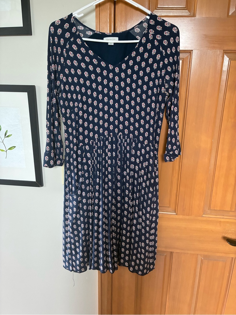 Garnet Hill Navy Dress with Pink Floral Motif